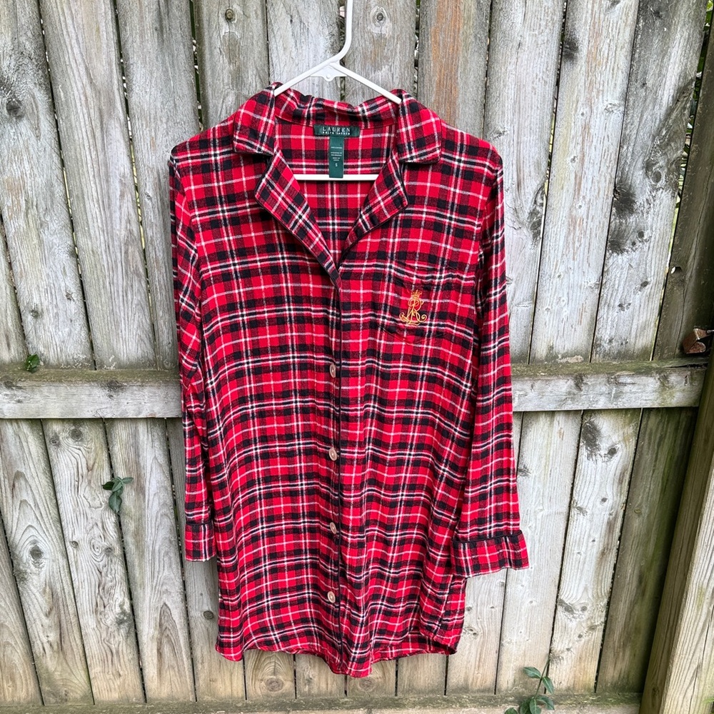 Lauren Ralph Lauren Red Plaid Nightshirt nightgown gold logo cotton S